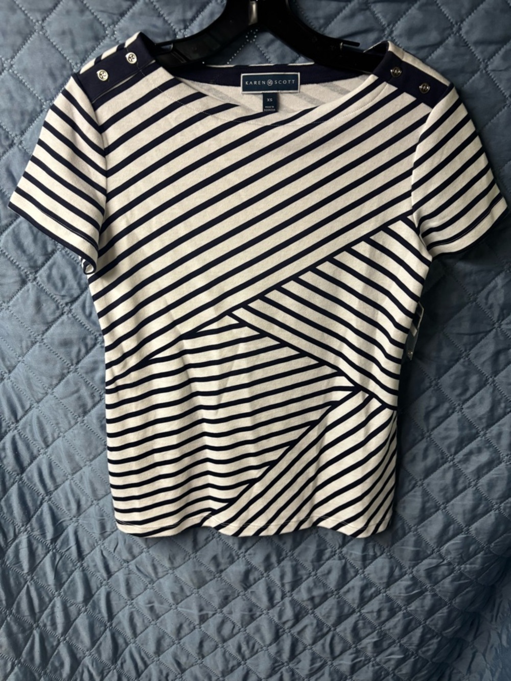 Karen Scott Navy and White Striped Short Sleeve Button-Shoulder Tee
